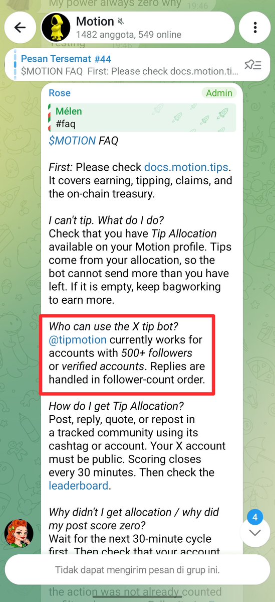 Rexeryo's tweet photo. Buat yang belum tau, @motiontip melakukan beberapa perubahan aturan baru-baru ini. 

Sekarang syarat pake fitur tipnya minimal follower 500 atau akun kamu udah verified. Buat yang followernya lebih banyak, reply-nya bakal diproses duluan.

Cara tipnya masih sama, Reply postingan terus tulis angka dulu baru komen, contohnya "@tipmotion 1000 mantap kontennya". Sekali tip maksimal 10rb, total per hari maksimal 50rb. Yang penting diinget, kalo udah kekirim ya final, gak bisa dibatalin lagi.

Kalo tiba-tiba score postingan kamu 0 atau allocation-nya kosong, coba dicek dulu: udah lewat 30 menit dari cycle-nya belum, umur akun sama followernya cukup apa belum, sama pastiin isi postingan bukan copas dari yang sebelumnya. Biasanya itu penyebab utamanya.

Buat yang udah dapet tip, bisa langsung diklaim ke wallet sendiri (minimal 1000 ya) atau mau diterusin lagi ke orang lain juga boleh.

Info lengkapnya ada di https://t.co/4EXdKyBJXB sama https://t.co/WKatf5vHJh kalo mau baca-baca lebih detail.

Yang udah paham, share pengalaman kamu di comment dan coba pake fitur tip nya @tipmotion 

$MOTION #Airdrop #RobinhoodChain