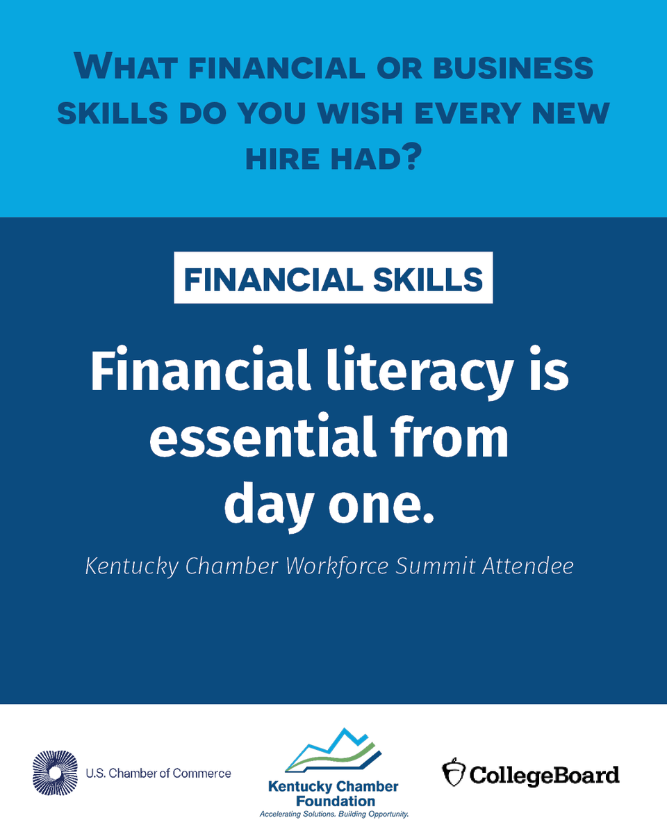 KyChamberFdn's tweet photo. Financial literacy remains a critical workplace skill.

At the Kentucky Chamber's Workforce Summit, we asked employers:

What financial or business skills do you wish every new hire had?

One participant shared that a stronger foundation in financial literacy helps new hires transition into a new field or career.

Through the Kentucky Chamber Foundation's partnership with the @USChamber and @CollegeBoard, we're elevating employer feedback to better understand the skills organizations value most in today's workforce.

How can Kentucky better prepare students with the financial literacy skills they need to succeed in the workforce?