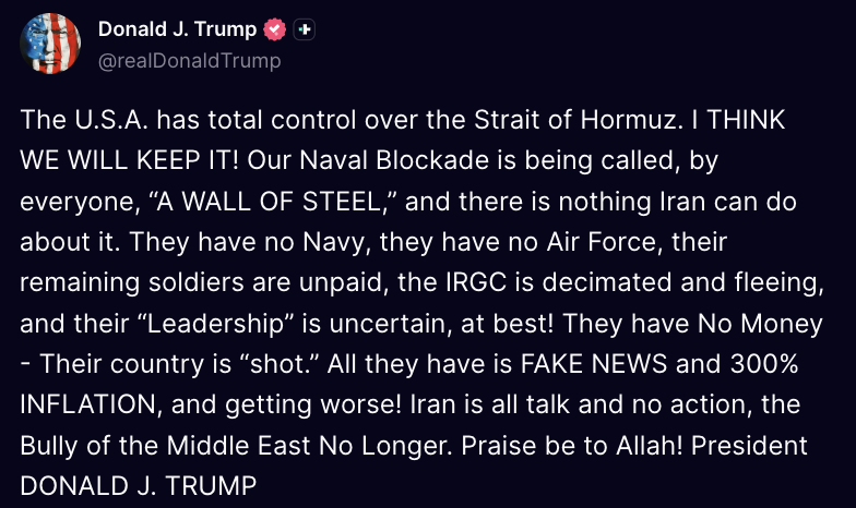 visegrad24's tweet photo. Trump:

"The U.S.A. has total control over the Strait of Hormuz. I THINK WE WILL KEEP IT! Our Naval Blockade is being called, by everyone, “A WALL OF STEEL,” and there is nothing Iran can do about it." https://t.co/uiL0ygAwrP