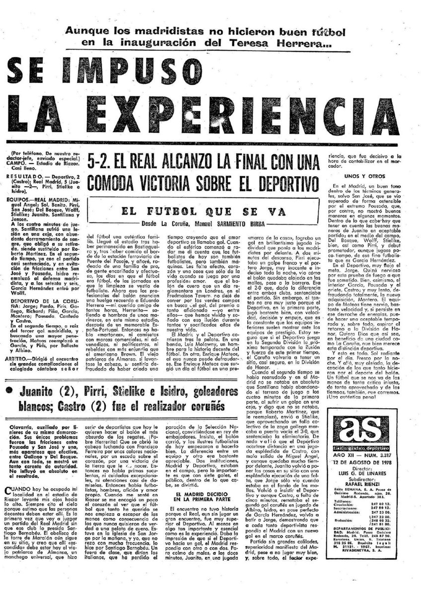 salva_martin's tweet photo. El 11 de agosto de 1978 el Real Madrid se impuso en las semifinales del Teresa Herrera al Deportivo por 5-2.

Juanito, que brilló sobre el resto, anotó dos goles. Los otros fueron obra de Pirri, Stielike e Isidro. 

(@cronicasRM) https://t.co/aohrcVzdsL