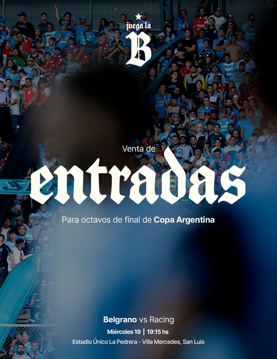 Belgrano's tweet photo. Venta de entradas para @Copa_Argentina 🏆🇦🇷

#Belgrano informa que los días lunes 17 y miércoles 19 de agosto se venderán las entradas para el partido de Octavos de Final de Copa Argentina, ante Racing, que se jugará el próximo miércoles 19 a las 19:15 hs en el Estadio Único La Pedrera, de la ciudad de Villa Mercedes, San Luis.

☠️ Lunes 17: La venta será exclusiva para socios/as, de 11 a 18 hs, en boleterías de Orgaz del Estadio Julio César Villagra. Cada persona podrá adquirir una entrada por carnet, sin ser necesaria la presencia del titular del mismo, con un máximo de cinco entradas por compra.
🗺️ https://t.co/HkLK5E3Vrm

☠️ Miércoles 19: Remanente para público en general, de 11 a 18 hs, en la Casa de la Música (calle Comandante Videla 152, Villa Mercedes, San Luis).

NO SE VENDERÁN ENTRADAS EN EL ESTADIO ÚNICO LA PEDRERA ☝️

Precios:
Popular $65.000
Platea: $90.000
Medios de pago: efectivo o tarjeta de débito.

¡Vamos a copar Villa Mercedes, Piratas! 🏴‍☠️