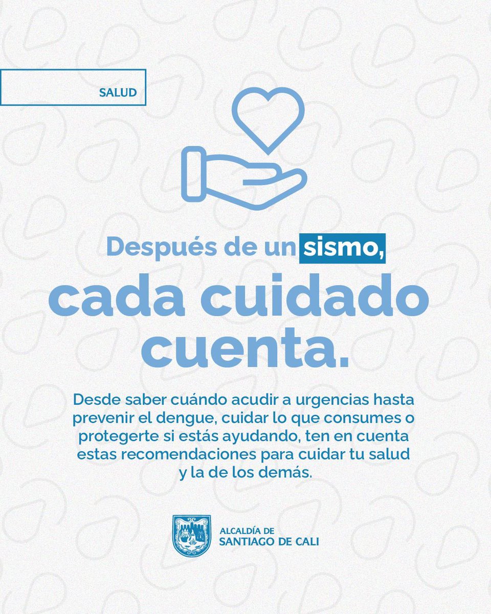 SaludCali's tweet photo. 🚨 Después de un sismo, cada cuidado cuenta.
Te compartimos recomendaciones para saber cuándo acudir a urgencias, protegerte si ayudas en labores de rescate, cuidar lo que consumes y prevenir el dengue.
En una emergencia, cuidarnos también es ayudar. #CaliSomosTodos https://t.co/4wKkHDhT3H