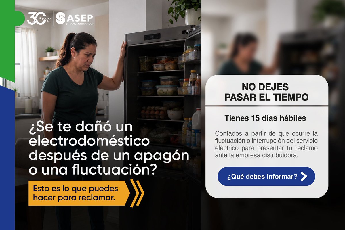 AsepPanama's tweet photo. Se fue la luz, volvió… y uno de tus aparatos eléctricos dejó de funcionar. ¿Qué puedes hacer? 
Si el daño ocurrió por una falla en el suministro eléctrico, puedes presentar un reclamo.
Conoce los pasos que debes seguir.
#ASEP30AñosHoyMásCercaDeTi https://t.co/g6dj8e6IPa