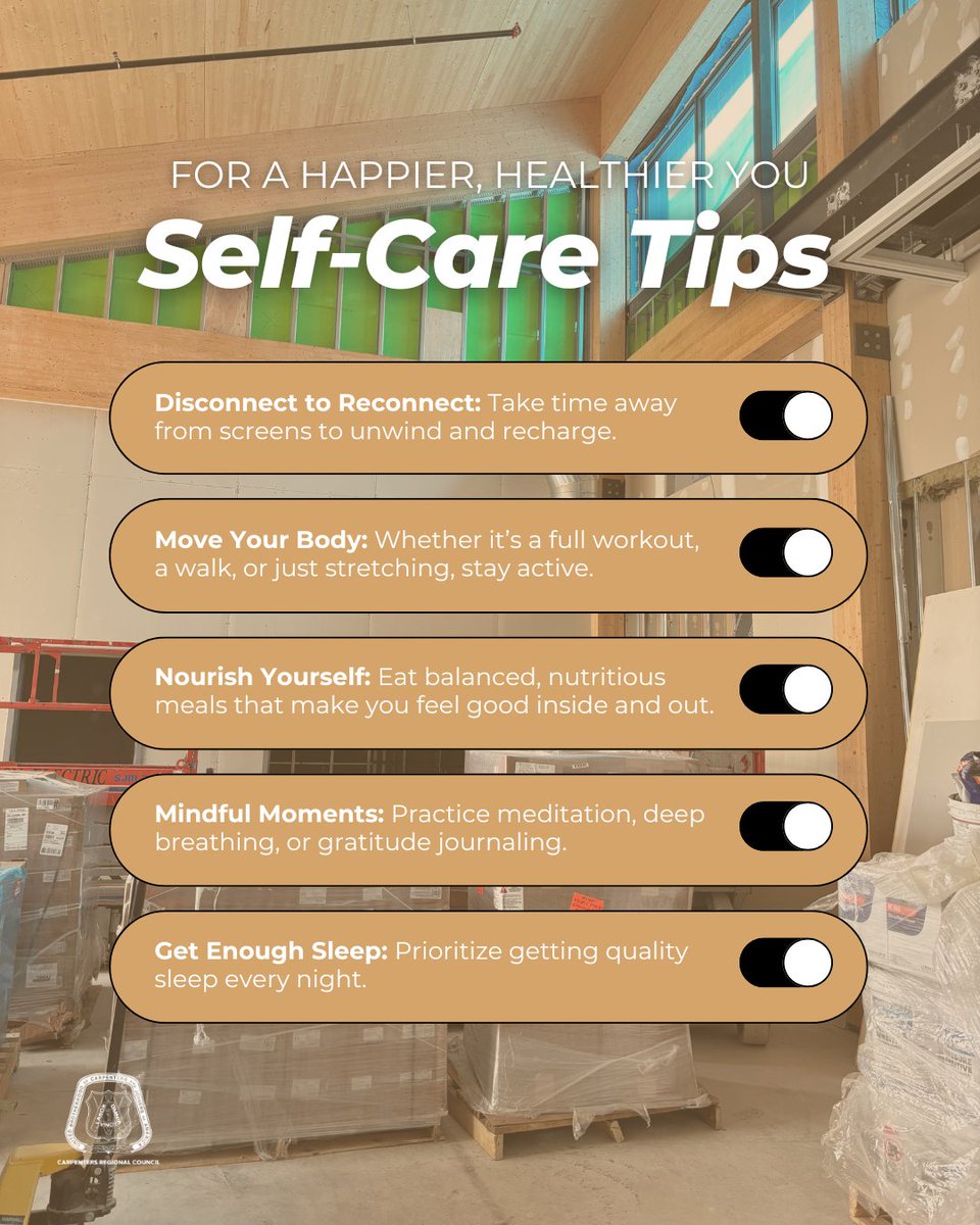 ubcja_crc's tweet photo. You can’t build at your best if you’re running on empty.
Take care of your health like you take care of your tools, regularly, and with intention.
These five small habits make a big difference.
#CarpentersUnion #WorkProud #MentalHealthMatters #StayStrong #HealthyTradespeople https://t.co/KyAUqDqusj