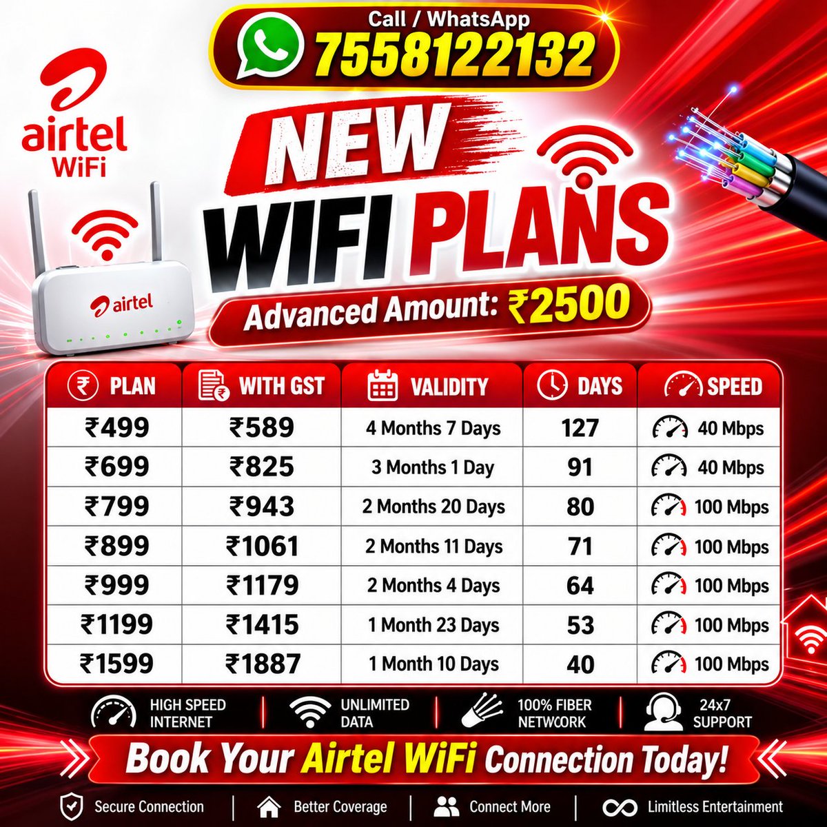 Airtelfibernet's tweet photo. Airtel Xstream Fiber New connection Booking call 7558122132
#airtel #tamilnadu #wifi #fiber https://t.co/mT72EjC33l