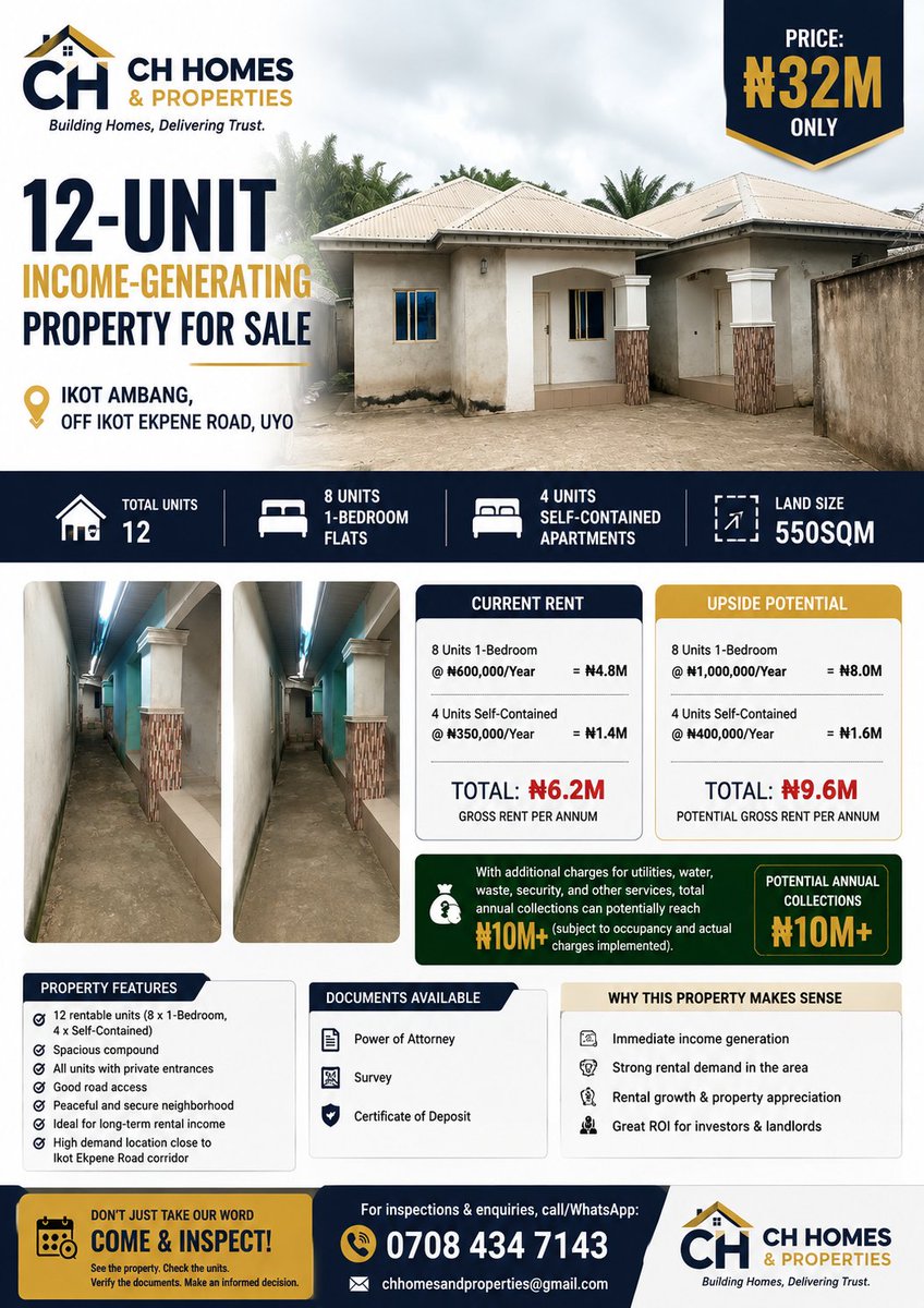 ChristianHike01's tweet photo. 12-UNIT INCOME-GENERATING PROPERTY FOR SALE | ₦32M 

📍 Ikot Ambang, Off Ikot Ekpene Road, Uyo

Looking for a property that can start working for you immediately?

8 Units of 1-Bedroom Flats
4 Units of Self-Contained Apartments

CURRENT RENT: ₦6.2M/YEAR

ASKING ₦32M, https://t.co/wS5NFuf26V