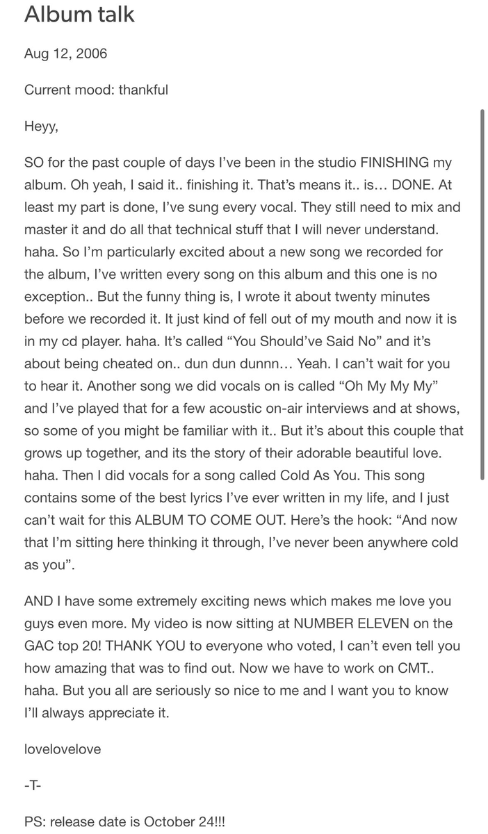 TASNewsBrasil's tweet photo. Há 20 anos, Taylor Swift anunciava no MySpace o seu álbum de estreia: “I just finished writing my debut album.”. 

Taylor Swift seria lançado dois meses depois. https://t.co/ryyBZnF194