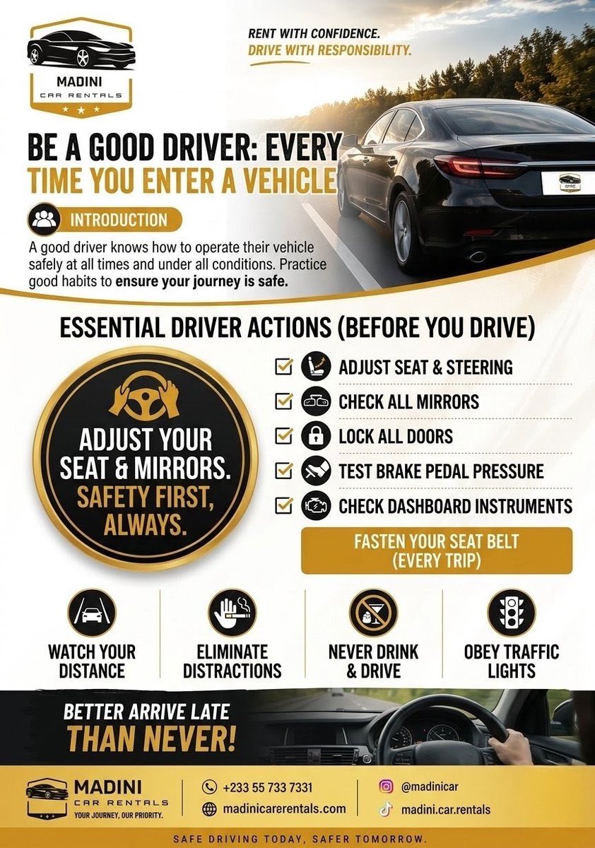 Madinicargh's tweet photo. Better arrive late than never! Take a few seconds to practice safe driving habits before you start your engine today. 

#SafeDriving #RoadSafety #CarRental #DriverSafety #SafetyFirst #DriveResponsible #MadiniCarRentals #TravelSafe #BehindTheWheel #DrivingTips https://t.co/Q7G8sau3VC