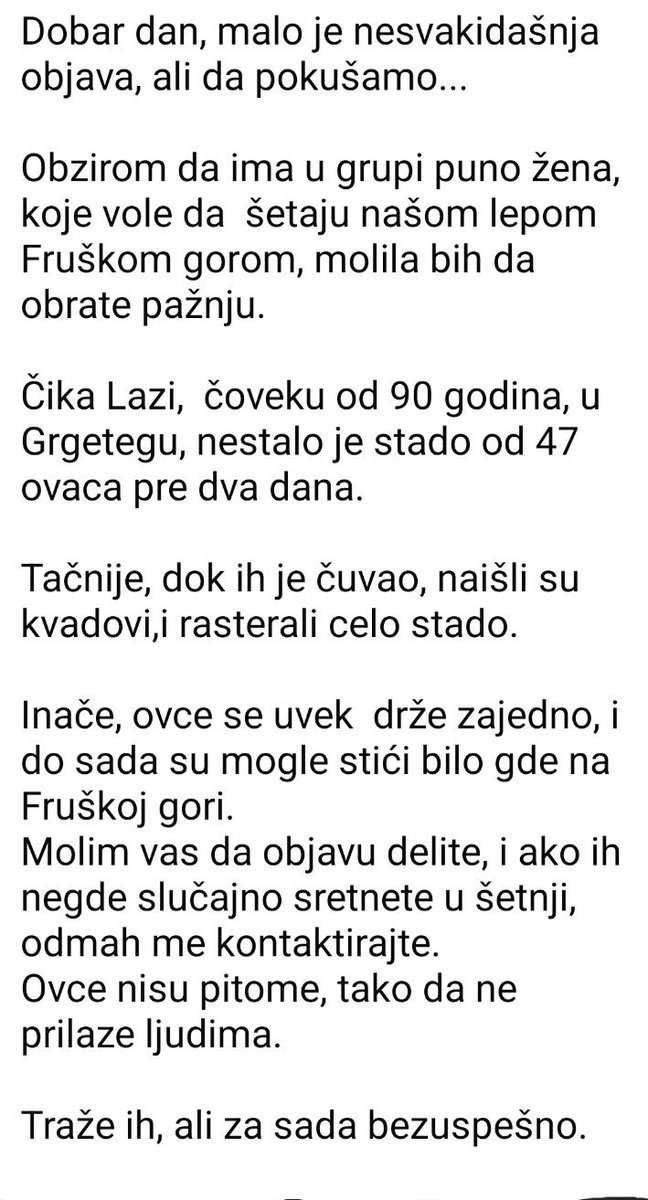 MijatovNadica's tweet photo. Na Fruškoj gori čoveku od 90 godina bahati smradovi kvadovima rasterali stado ovaca!😡😥
Podelite,možda dopre do nekoga ko je u blizini ili baš na Fruškoj gori. https://t.co/dMd6JfHuiK