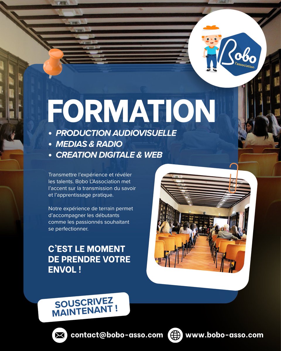 BoboAsso's tweet photo. 🎯 Votre avenir commence par une compétence.
Chez @BoboAsso, nous vous formons avec une approche pratique pour être rapidement opérationnel.

📚 Audiovisuel
🎙️ Médias &amp; Radio
💻 Création digitale &amp; Web

🚀 Renseignez-vous ici
📩 contact@bobo-asso.com
🌐 https://t.co/tBVt9v1Q9C https://t.co/cuc36lTg4f