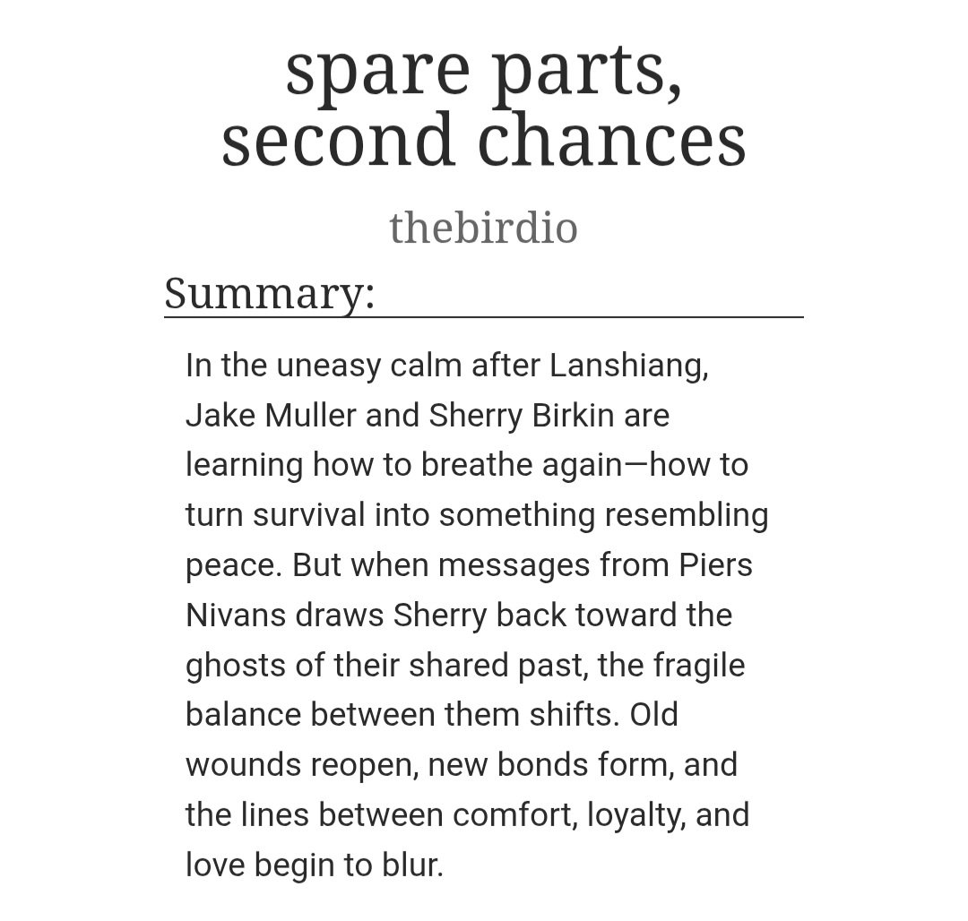 thebirdio's tweet photo. 🦾 spare parts, second chances
🌲 Sherry Birkin x Jake Muller x Piers Nivans 
🐦 AO3: https://t.co/hIpQtpZPpr

Tags: #ao3 #fanfic #ResidentEvilㅤ #rebh #rebhfun #archiveofourown #sherrybirkin #jakemuller #piersnivans #shake #shakespiers #mullvans https://t.co/8JG2Z4t6wt
