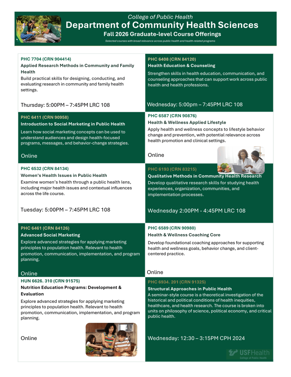 COPHActivistLab's tweet photo. The USF COPH, Department of Community Health Sciences, is offering great graduate-level courses this fall.
Whether you're advancing your MPH or exploring a new area of public health practice, there's something here for you.
📚 Check out the full course list and register today! https://t.co/YSQNwjR9dQ