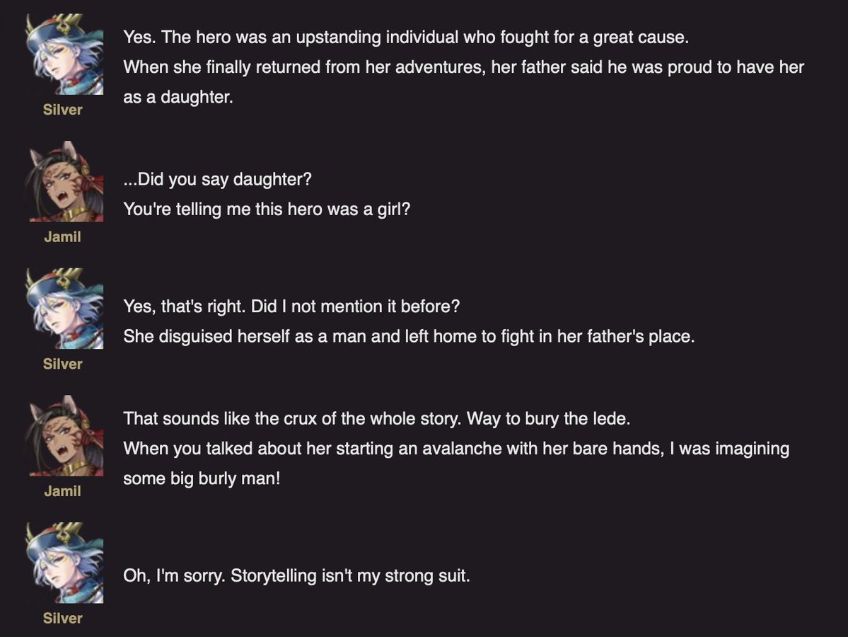 Odd_Audrey's tweet photo. Silver's way of storytelling is so funny. Tells entire story of Mulan with gender neutral terms 'child/the hero' only to reveal at the end she was a woman in disguise. Claims he fought a bear when at the end of the story he says he actually befriended it. So delightfully strange https://t.co/lLpr4oWaDK