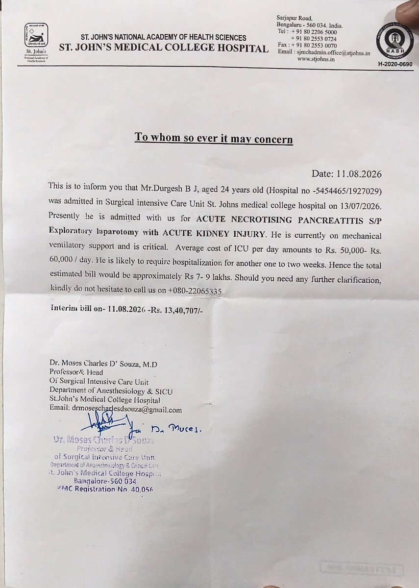 Rajkumar_212000's tweet photo. Hon’ble Health Minister #utkhader Sir, please help save the life if 24-year-old Mr. Durgesh B J, who is critically ill at St. John’s Medical College Hospital, Bengaluru. He is on mechanical ventilatory support with acute necrotising pancreatitis and acute kidney injury. https://t.co/Ah4mMijopf