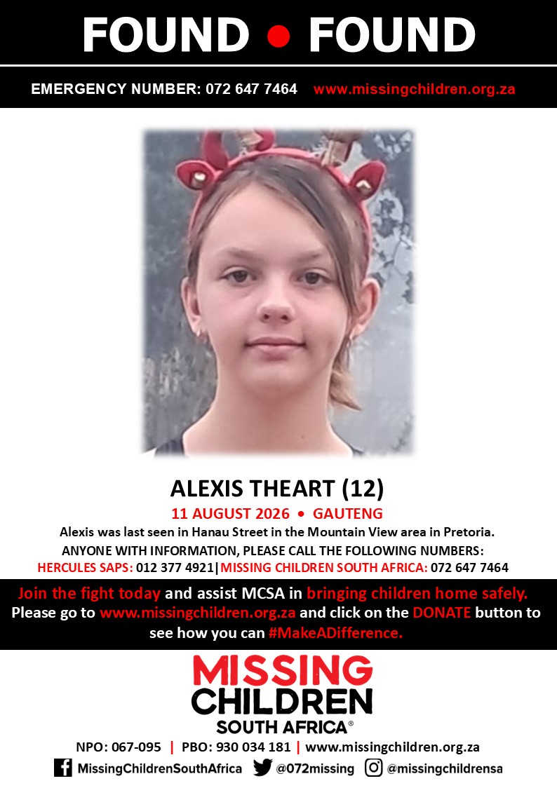 072MISSING's tweet photo. #MCSAFound 

Wonderful news! Alexis Theart has been found safe.

If you personally, or your company | or your place of work, would like to make a donation to #MCSA, please click here to donate: https://t.co/WuULg0pWNL Thank you https://t.co/pNzU3aly7K