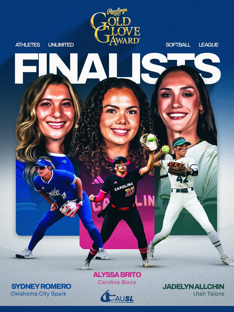 theAUSLofficial's tweet photo. The Gold Glove is back 🏆🧤 And we’ve got three finalists ready to make history.

Congrats to our finalists for the @RawlingsSB Gold Glove Award—now the only question is: 
who’s taking home the hardware? 👀

Find out August 16 🥎✨ https://t.co/W42mgIyxPx