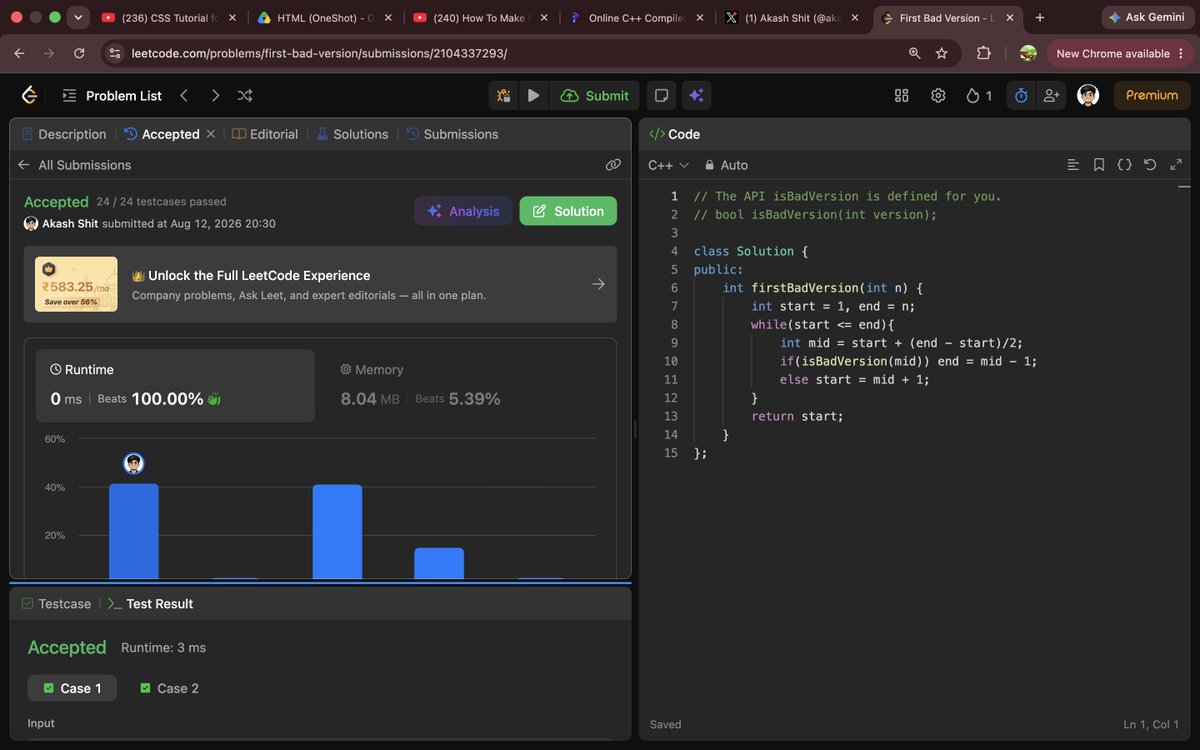 akash31_2004's tweet photo. 🔹DAY - 72 🚀
✅LC- 278
✅GFG- solve 1 question
✅Aptitude- solve 50 question
#CodingJourney #DSA #Programming #PlacementPrep https://t.co/zgfiaMjzgr