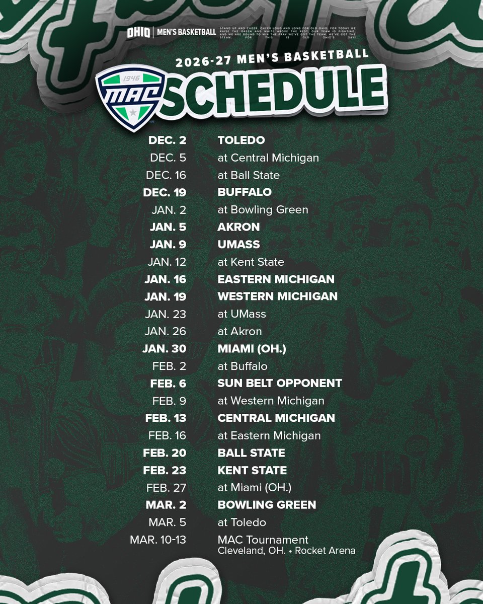 OhioMBasketball's tweet photo. 𝙈𝘼𝙍𝙆 𝙔𝙊𝙐𝙍 𝘾𝘼𝙇𝙀𝙉𝘿𝘼𝙍𝙎! 🗓️ 🏀 

The 2026-27 MAC schedule has dropped! This year the Bobcats' schedule includes 22 MAC games (11 home, 11 away) in a true round robin format. 

🔗 https://t.co/BQxomVAZ1u
🗓️ https://t.co/tfYeHj6Ri5
🎟️ https://t.co/ZGqHq3l8dF

#OUohyeah https://t.co/MjoOLnLW5E