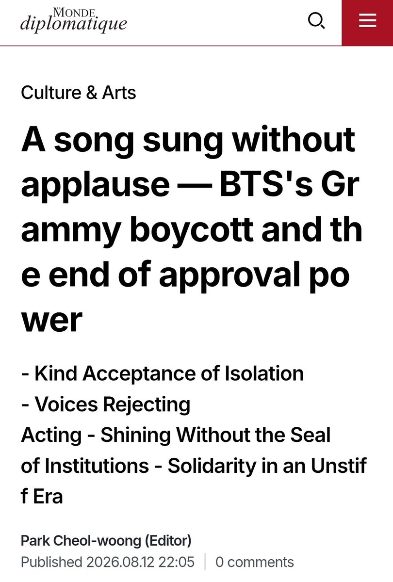 Yoonginapuppy2's tweet photo. 🔴Le Monde Diplomatique ENDED Grammys and the industry! PLEASE READ THIS ARTICLE:
"Sometimes, inclusion is the most sophisticated name for a fence"🌟

"BTS's silence points in the same direction. Even after the stage lights go out, the song remains. Similar incidents evaporate once the applause ends, but music does not. Only those who understand this difference can leave the stage. Leaving is not fleeing. It is the act of standing outside the script and revealing its existence.

The silence of those who refuse to take the stage leaves a question for everyone remaining on stage. Why are you still in that position? BTS is not the only one in Grammy-history to be asked this question. However, each time the questions were reduced to personal convictions, and the stage steadily continued in the next order. This time, it's different. The question was not asked by just one person, but by tens of millions of listeners scattered around the world, and the scale of their actions changed the vibration of the stage."