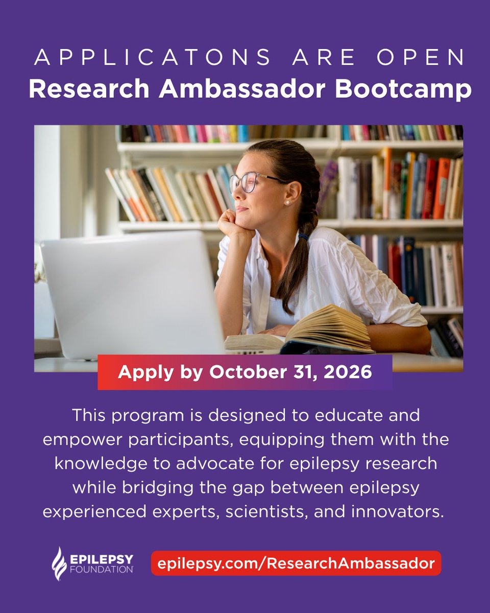 EpilepsyFdn's tweet photo. Apply for the 2027 Research Ambassador Bootcamp! Learn about epilepsy research, connect with experts, and apply by Oct 31. New for 2027: A Spanish-speaking cohort and expanded training focused on community-informed and inclusive research engagement. https://t.co/S7bAQ9nqEB https://t.co/j66KAESyZD