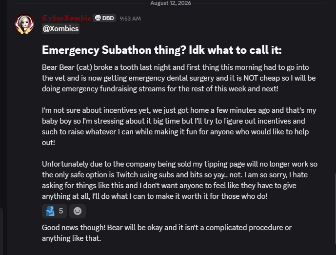CyberXombie's tweet photo. Next few streams I'll try to find incentives to help raise some money to help with the vet bills if at all possible so if you see that, this is what's happening! https://t.co/Md6KhFLKs4