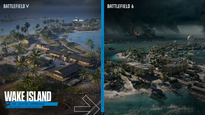 Side-by-side comparison of the Wake Island map in Battlefield V and Battlefield 6.