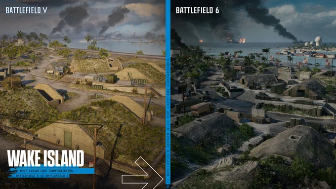 Side-by-side comparison of the Wake Island map in Battlefield V and Battlefield 6.