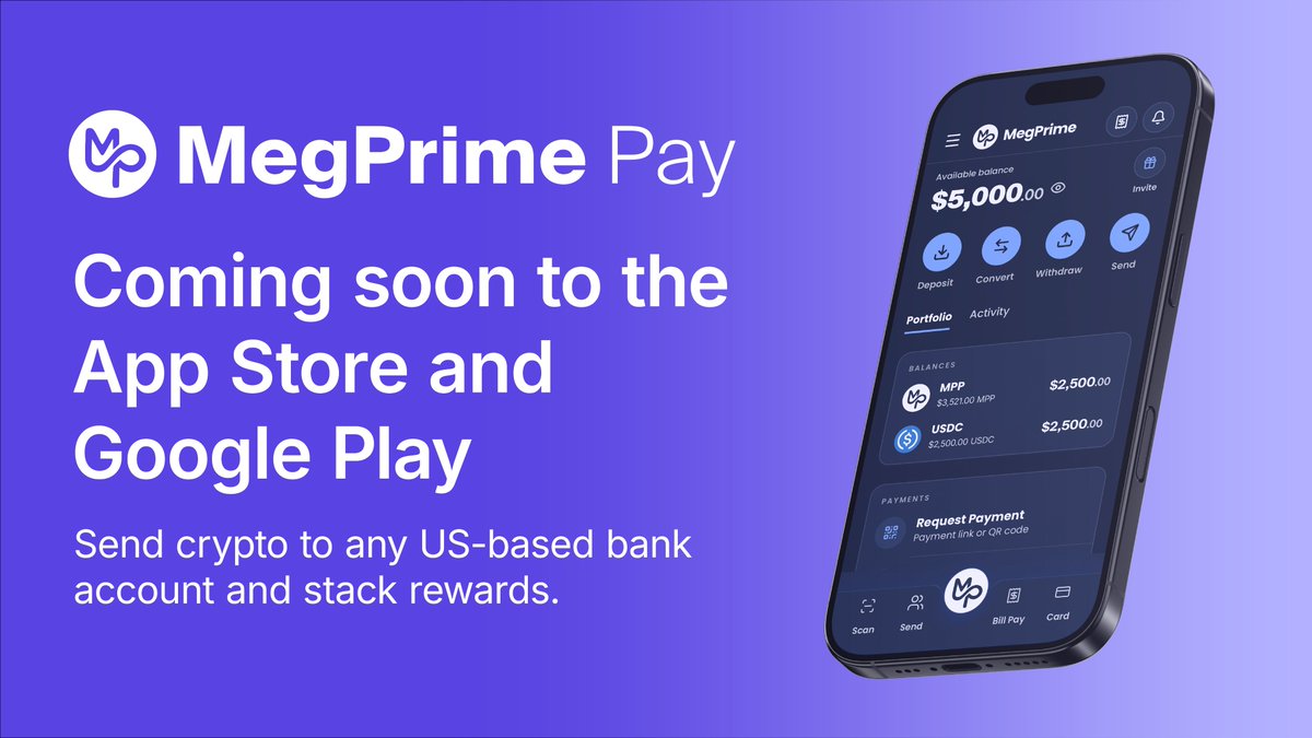 MegPrimePay's tweet photo. Crypto payments are getting a home on your phone.

Start your account today at https://t.co/PyilpaqMtv

U.S. residents (excluding New York) can purchase $MPP directly in the app.

WELCOME BONUS: Deposit $25 and receive $50 in $MPP. https://t.co/k9smPcHUYn