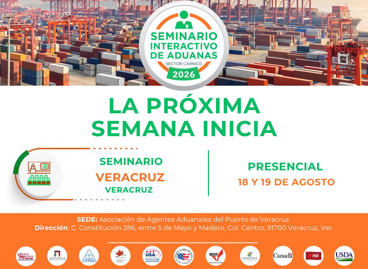 ConsejoMexCarne's tweet photo. 📢 La cuenta regresiva comenzó.

La próxima semana se llevará a cabo el Seminario Interactivo de Aduanas 2026.

📍 Veracruz
📅 18 y 19 de agosto
👥 Presencial

📝 Regístrate:
https://t.co/9HJEed7OB6

📄 Programa:
https://t.co/nQmcGGohDJ

#COMECarne #Aduanas #IndustriaCárnica