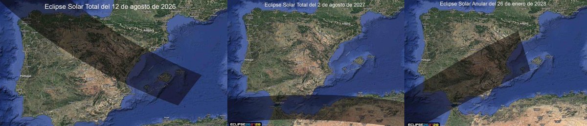 GradaBpro's tweet photo. ☀️Os hago una injerencia ya que hay tanta historia con el eclipse para deciros que en 2027 hay otro eclipse total, visible en su totalidad en Cádiz y Málaga, de mayor duración (unos 4 minutos) y que será más impactante al producirse a las 10:45h y no al atardecer.

Pero es que en 2028 habrá otro que cruzará gran parte de España. En este caso será un eclipse anular (la Luna no logrará cubrir el sol por completo), pero dejará ver el "anillo de fuego".

ℹ️ eclipse262728.
