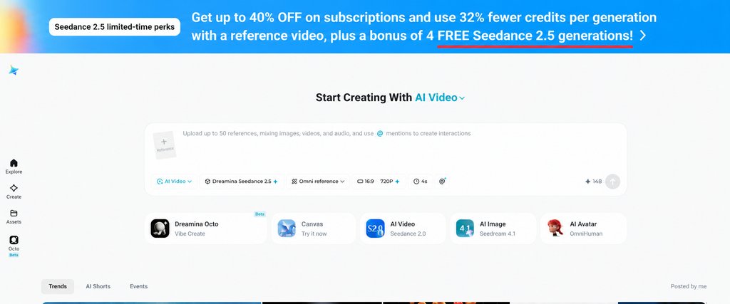 zara_tech72's tweet photo. did anyone else notice dreamina quietly put up a banner for 4 free seedance 2.5 gens? no thread, no launch video, just... there

🇺🇸 4 FREE SEEDANCE 2.5 GENERATIONS ON DREAMINA — Queue-FREE. Full SPEED, always. 3 days only.

Plus, the LOWEST PRICE starts at just $0.097/sec, applies wherever you are.

Check the banner on the website 👉

 https://t.co/gGlAmJwtso

#Dreamina #DreaminaPartner #Seedance25