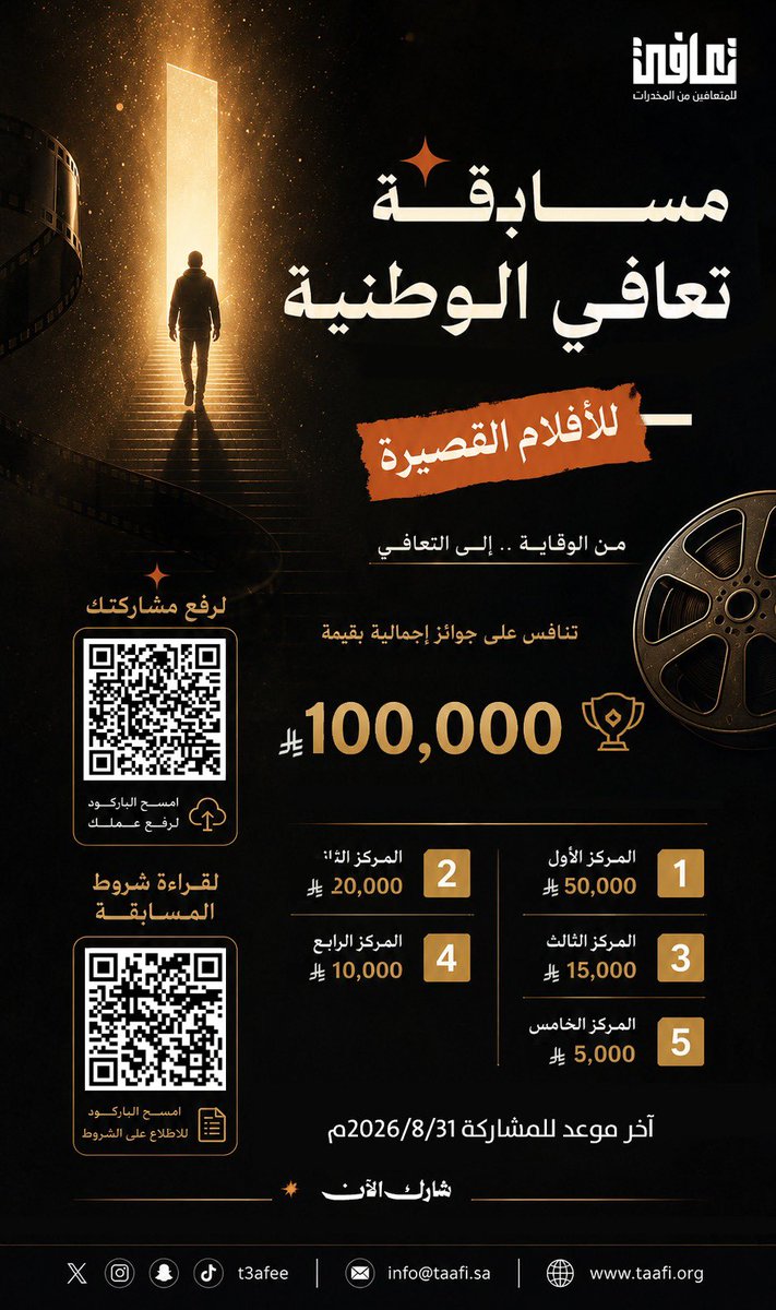 t3afee's tweet photo. 100 الف ريال بانتظاركم 
#مسابقة_تعافي_الوطنية_للأفلام_القصيرة 
من الوقاية.. إلى التعافي | #جمعية_تعافي 
سجل الآن :
https://t.co/nj8KcQ5ZfZ https://t.co/AyR7xYQsGH