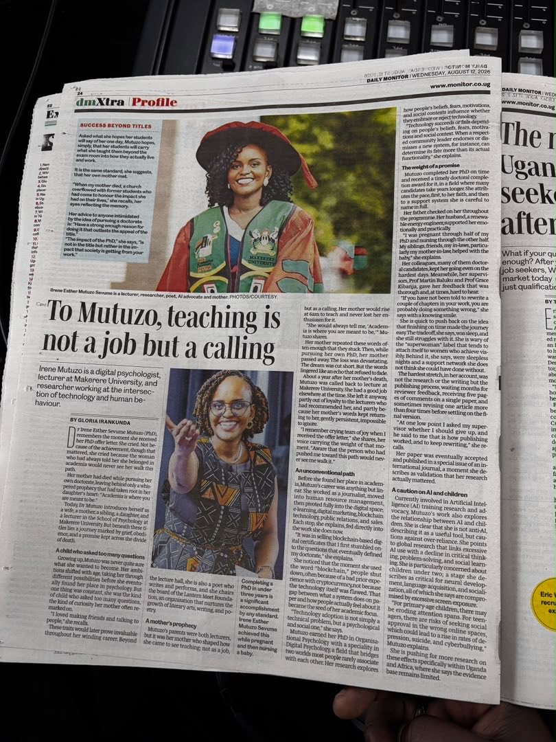 irenemutuzo's tweet photo. Thank you, @DailyMonitor 
for sharing the work I do as a lecturer and digital psychologist.

For me, teaching is more than a job; it is a calling and a privilege to contribute, in my own small way, to the next generation.

Read more: https://t.co/neuxQ1rsTB https://t.co/FkEWJ2klOq