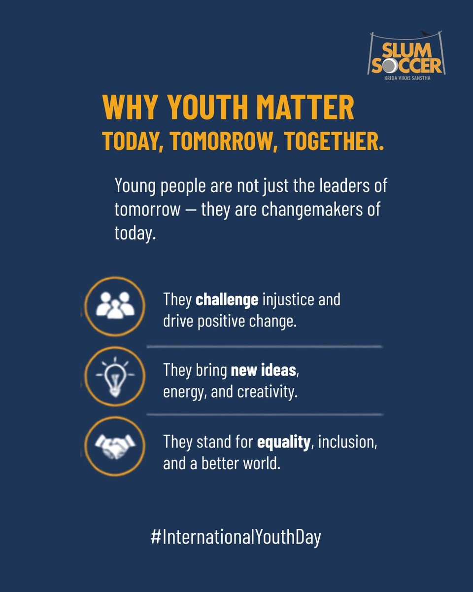 slumsoccer's tweet photo. Youth is the power that shapes a better tomorrow. Celebrate the dreams, energy, and talent of every young heart. Together we learn, lead, and create positive change.
 Happy International Youth Day! Keep inspiring the world.

#YouthDay #GlobalGoals #SDGs https://t.co/fLR8W34CGu