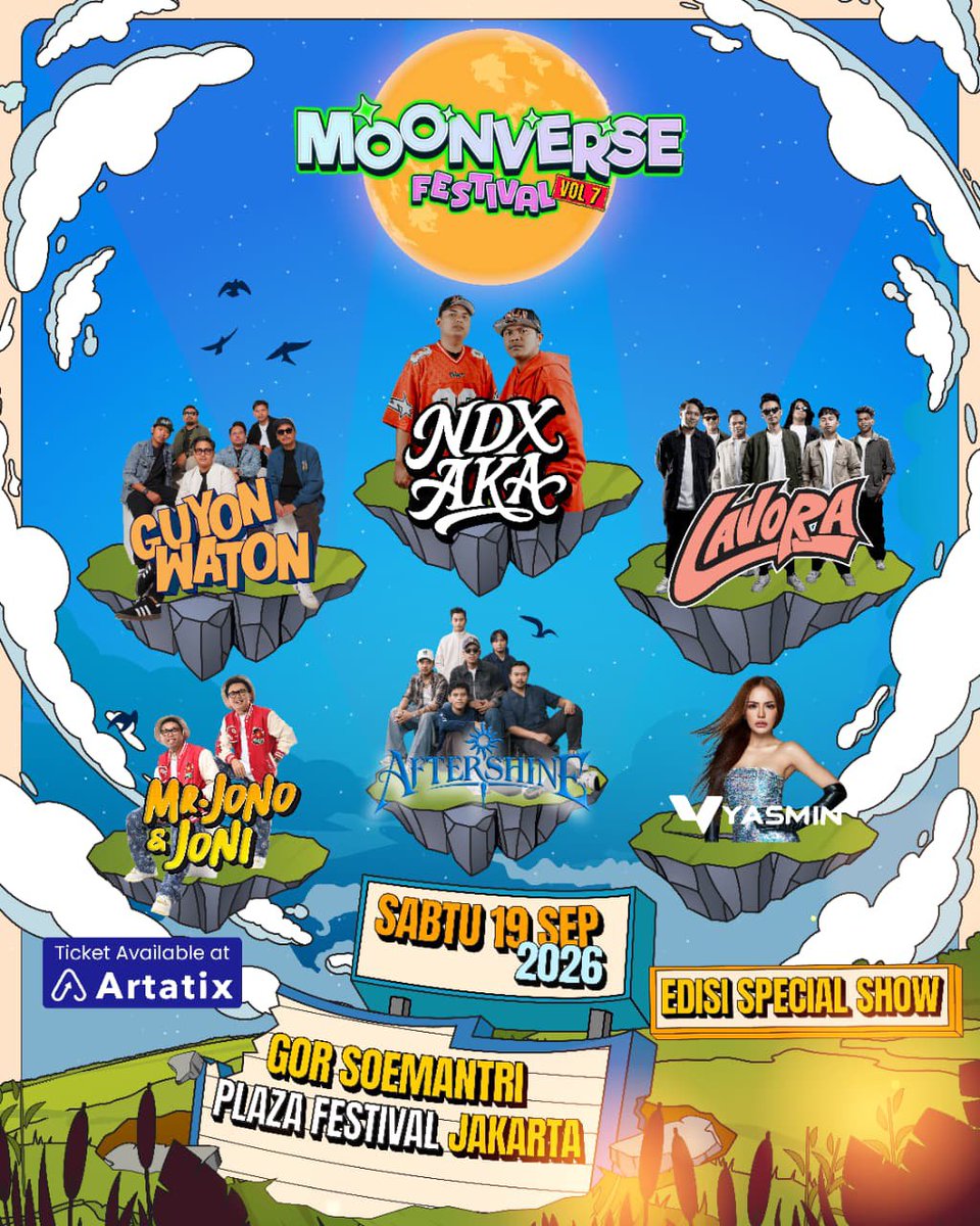 mo_0iraa's tweet photo. WTS TIX MOONVERSE FEST UNDERWEB!!

📍 GOR Soemantri, Jakarta
 🗓️ 19 September 2026

✨ LINE UP

① Guyon Waton
② Lavora
③ Aftershine
④ NDX AKA
⑤ Mr. Jono &amp; Joni
⑥ DJ Yasmin

🎟️ Festival — 100k/tiket 
🎟️ VIP — 135k/tiket

Reply, nanti aku DM 😉 https://t.co/VOK0epVoUY