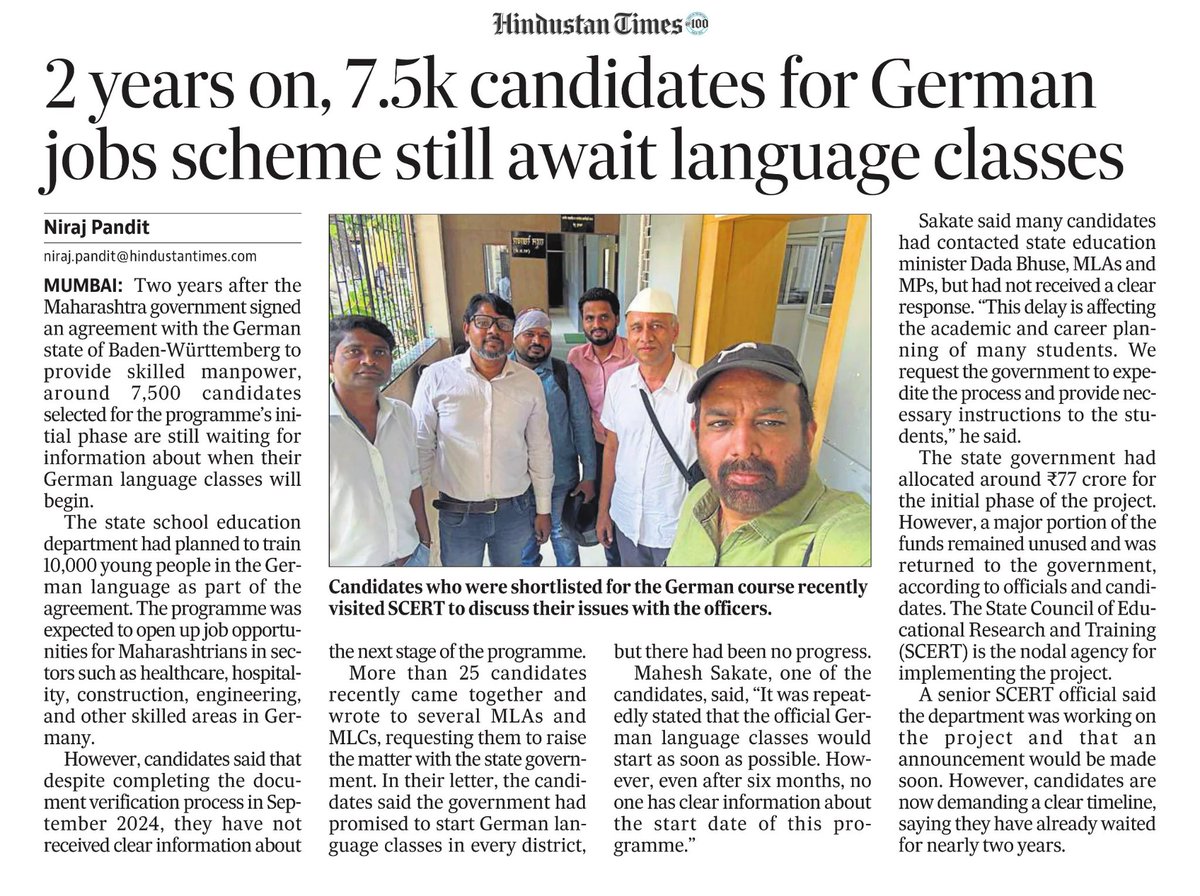 nirajcpandit's tweet photo. @CMOMaharashtra @mieknathshinde
@dada_bhuse 

2 years on, 7,500 Maharashtra youths in waiting to hear back on German classes
https://t.co/Ye8C9z3q7m @htTweets @HT_Mumbai @SnehalFerns https://t.co/NtHyMRsv94