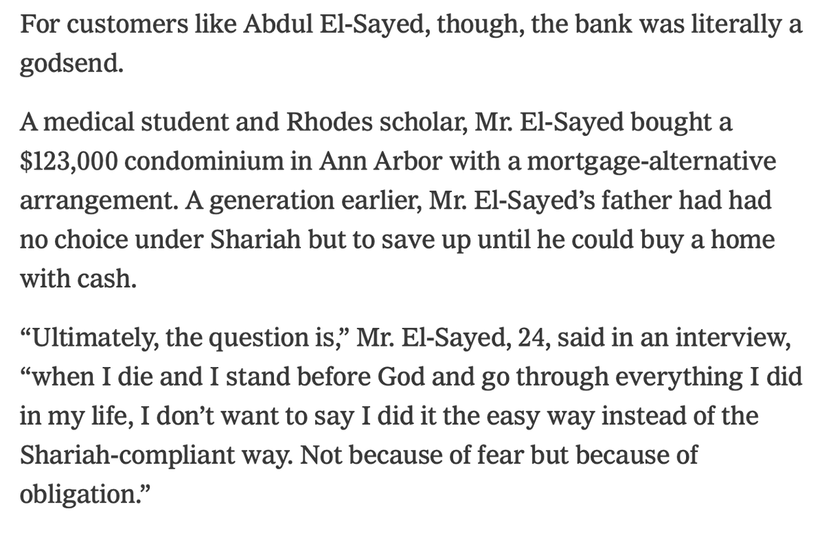 ByronYork's tweet photo. This is from the 2009 NYT article about Islamic banking in which El-Sayed talked about his obligation to follow Shariah law, in this case with a Shariah-compliant home purchase.  https://t.co/HKfYMJ44Fc https://t.co/FhkyWbXWuJ