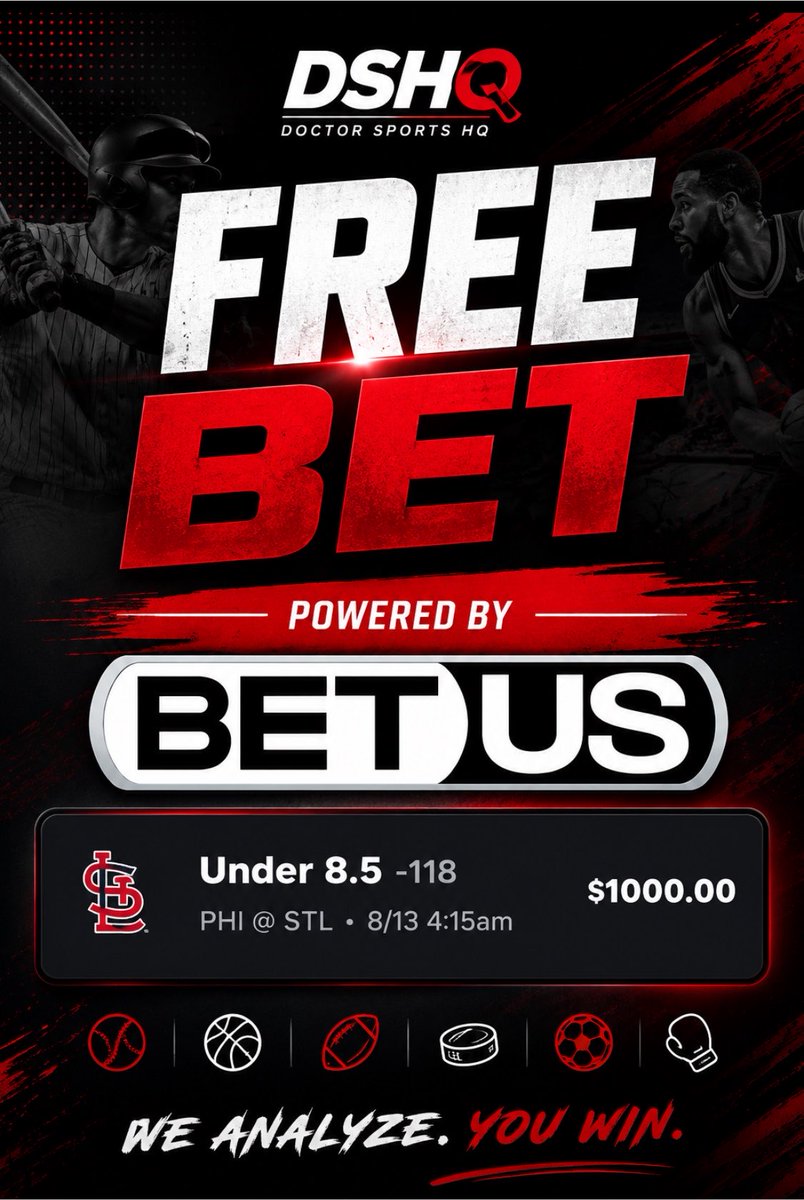 DoctorsportsHQ's tweet photo. 🚨 DSHQ FREE BET OF THE DAY 🚨

⚾ MLB: PHILLIES @ CARDINALS

🔥 BEST BET: UNDER 8.5 RUNS
💰 ODDS: -118
💵 BET: $1,000

🤝 POWERED BY @BetUS_Official 
Use this code 

https://t.co/azqjJ4FduC

⚾ Phillies @ Cardinals
🎯 Under 8.5
📊 -118
💰 $1,000 featured play

WE ANALYSE. YOU WIN.

Good luck to everyone riding with us! 🍀🔥

#MLB #MLBBets #FreeBet #SportsBetting