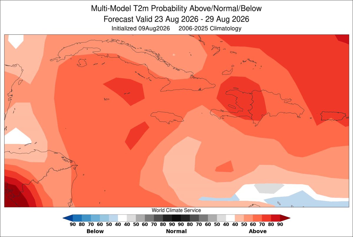 matthewsamuda's tweet photo. The Government of Jamaica is advising the public that above-normal temperatures are expected across Jamaica through August 29, 2026. The outlook shows warmer-than-normal conditions for the periods August 9–15, August 16–22, and August 23–29.

As temperatures remain elevated, the public is encouraged to stay hydrated, limit prolonged exposure to the midday heat, and check on children, older persons and other vulnerable individuals.