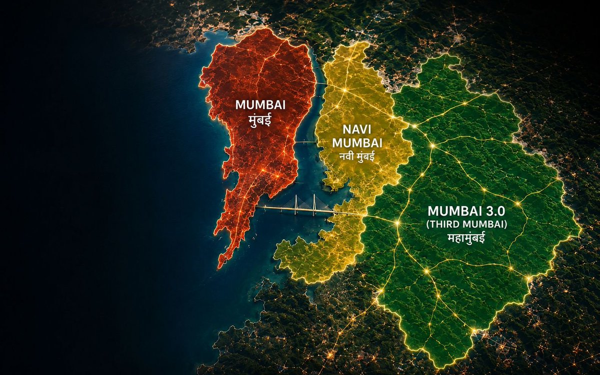 rushikesh_agre_'s tweet photo. 🚨 Mumbai 3.0 is taking shape and Singapore's Surbana Jurong has been appointed to design its Vision Document & Master Plan.

A 323.44 sq km planned city in Raigad, strategically positioned around Atal Setu & Navi Mumbai International Airport. 

Mumbai's next big expansion is underway.