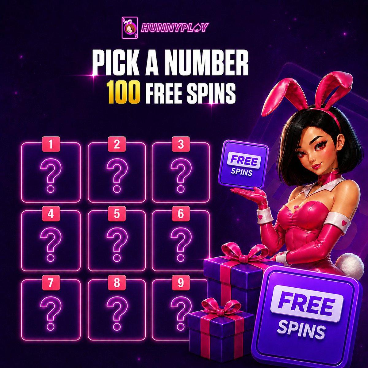 HunnyPlay_'s tweet photo. Pick a number, one of the numbers hides 100 free spins 👀

To enter:
> Follow + like + repost 
> Tag 2 friends + your number + HunnyPlay username

🎯 5 lucky Hunnies who pick the correct number will receive a share of 100 Free Spins!

#HunnyPlay #Giveaway https://t.co/9oZFE7TLHo