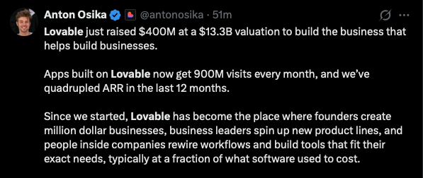 iBuild's tweet photo. Lovable just raised $400M at a $13.3B valuation.

We on X are obsessed with codex, cursor and claude code.

Meanwhile, lovable has a much greater mindshare and market share among non-technical folks and small businesses, who just need stuff built-in. https://t.co/jHyS3XRQsu