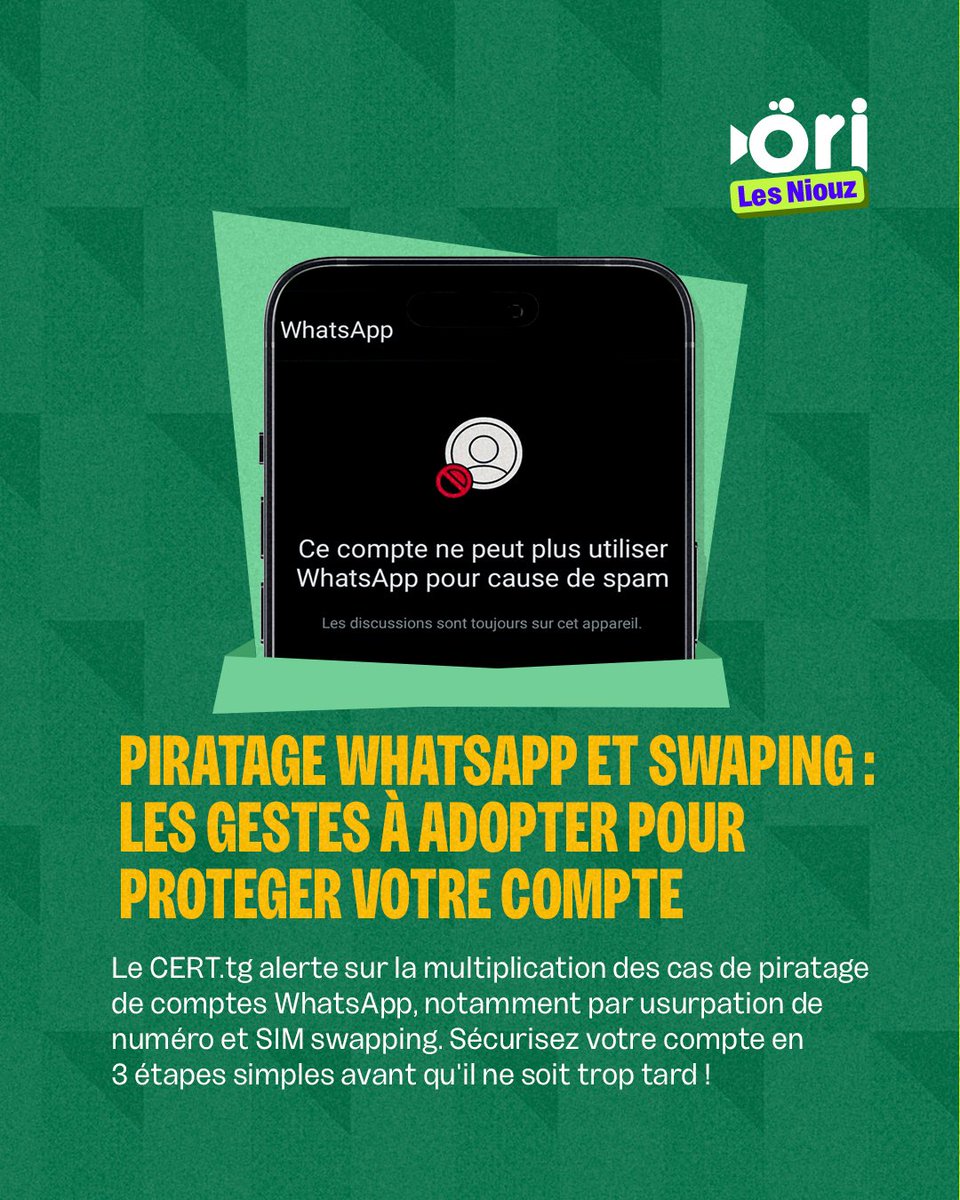 oriinfos's tweet photo. Le https://t.co/42WIOj0EaO alerte sur la multiplication des piratages, notamment via l’usurpation de numéro et le SIM swapping.
Découvrez les bons réflexes pour protéger votre compte WhatsApp.
#Ori #OriInfos #Togo #WhatsApp #Cybersecurite https://t.co/Z7pK0q8chX