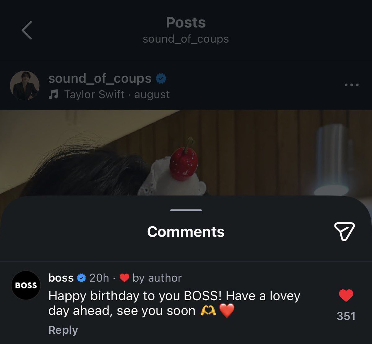 cscfolder's tweet photo. 260811 BOSS left a comment on s.coups’ ig post 🖤 #에스쿱스 

👤 Happy birthday to you BOSS! have a lovey day ahead, see you soon 🫶❤️ https://t.co/GHKtsPCuvq