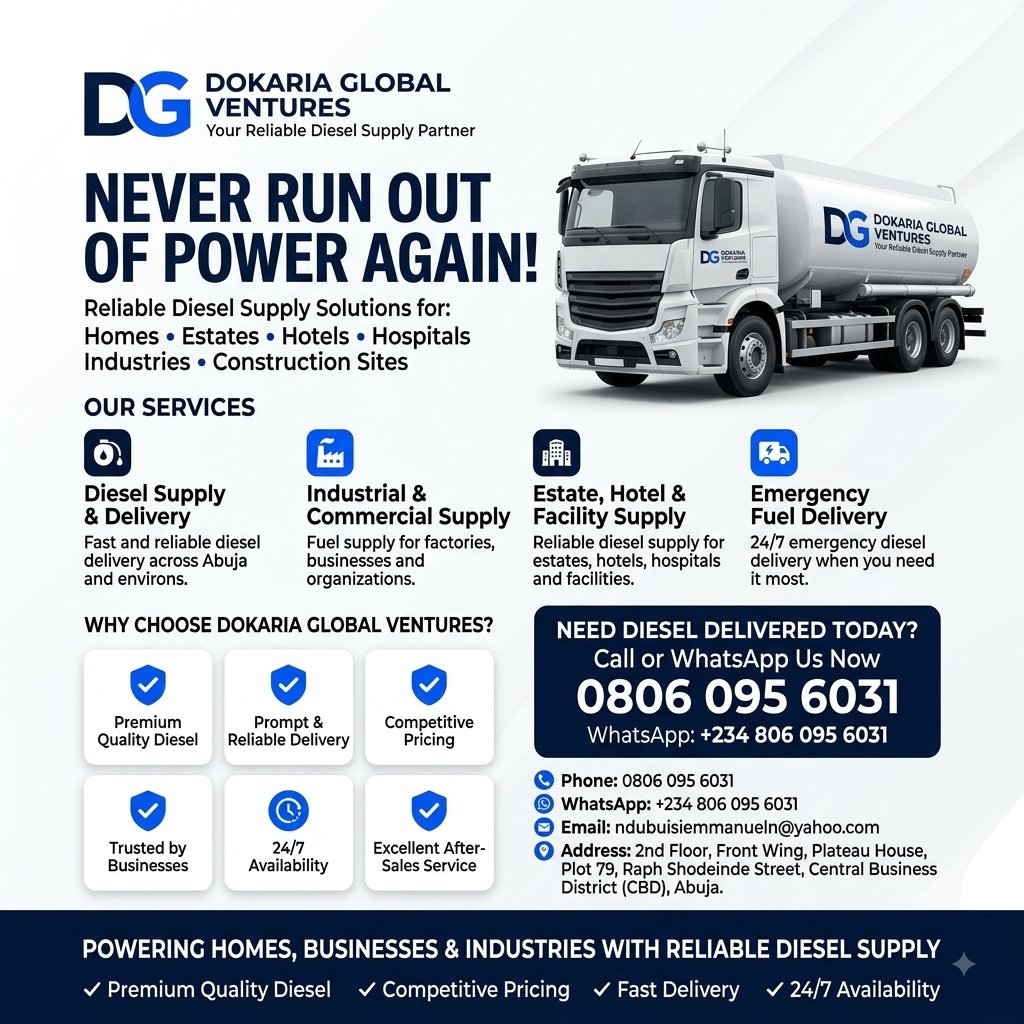 Doziieee's tweet photo. I'd like to introduce you to Dokaria Global Ventures, your trusted partner for premium diesel supply in Abuja and the FCT.
We deliver quality diesel with dependable after-sales support to keep your operations running smoothly.
Call 08060956031 for further enquiries, Please RT. https://t.co/Hbo2rNI146