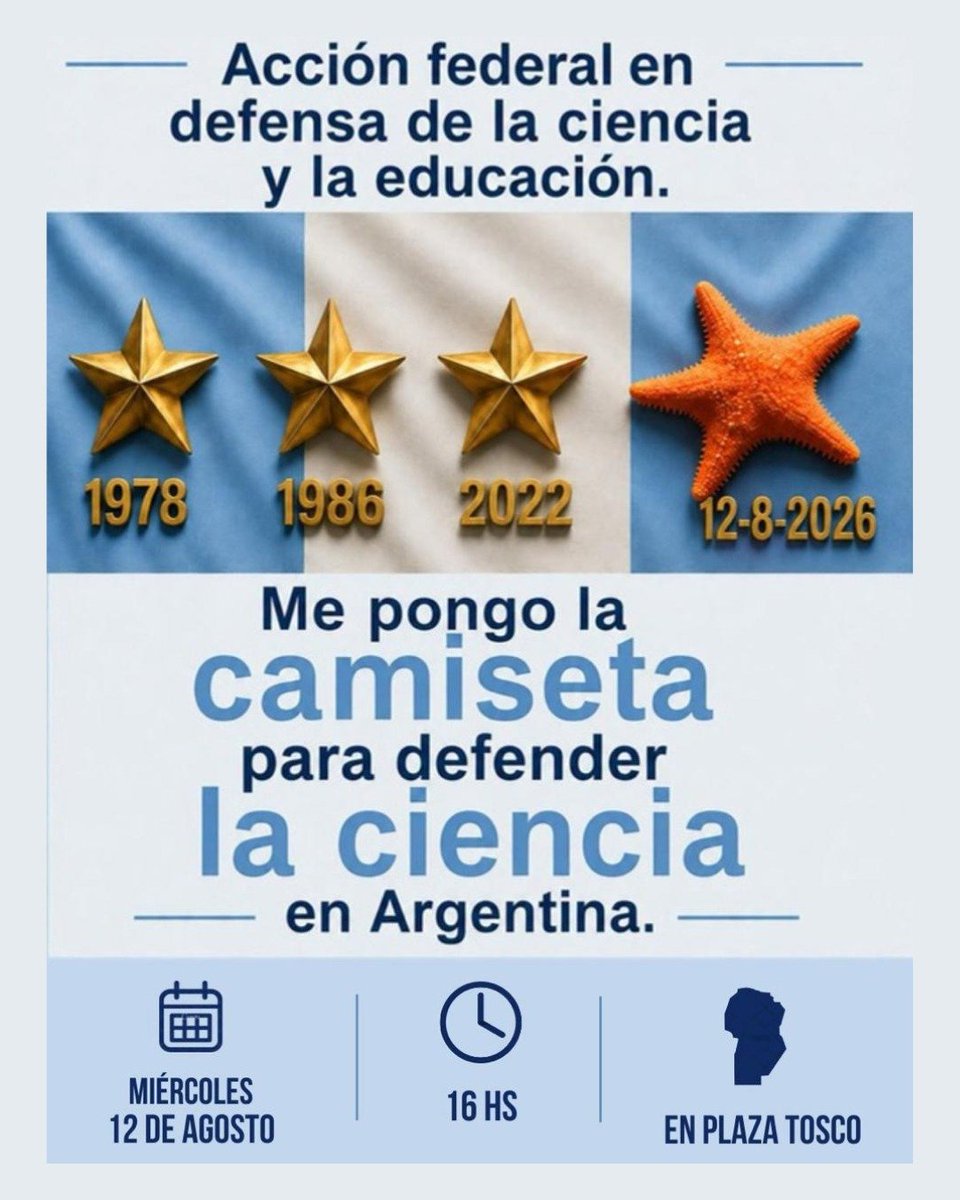 rquiroga777's tweet photo. Hoy hacemos una protesta del sistema científico a nivel nacional. 2026 será el menor presupuesto científico DE LA HISTORIA DEL PAÍS. En defensa del sistema científico y el cumplimiento de la ley de financiamiento universitaria: #PoneteLaCamiseta https://t.co/N3uqW1iCJl