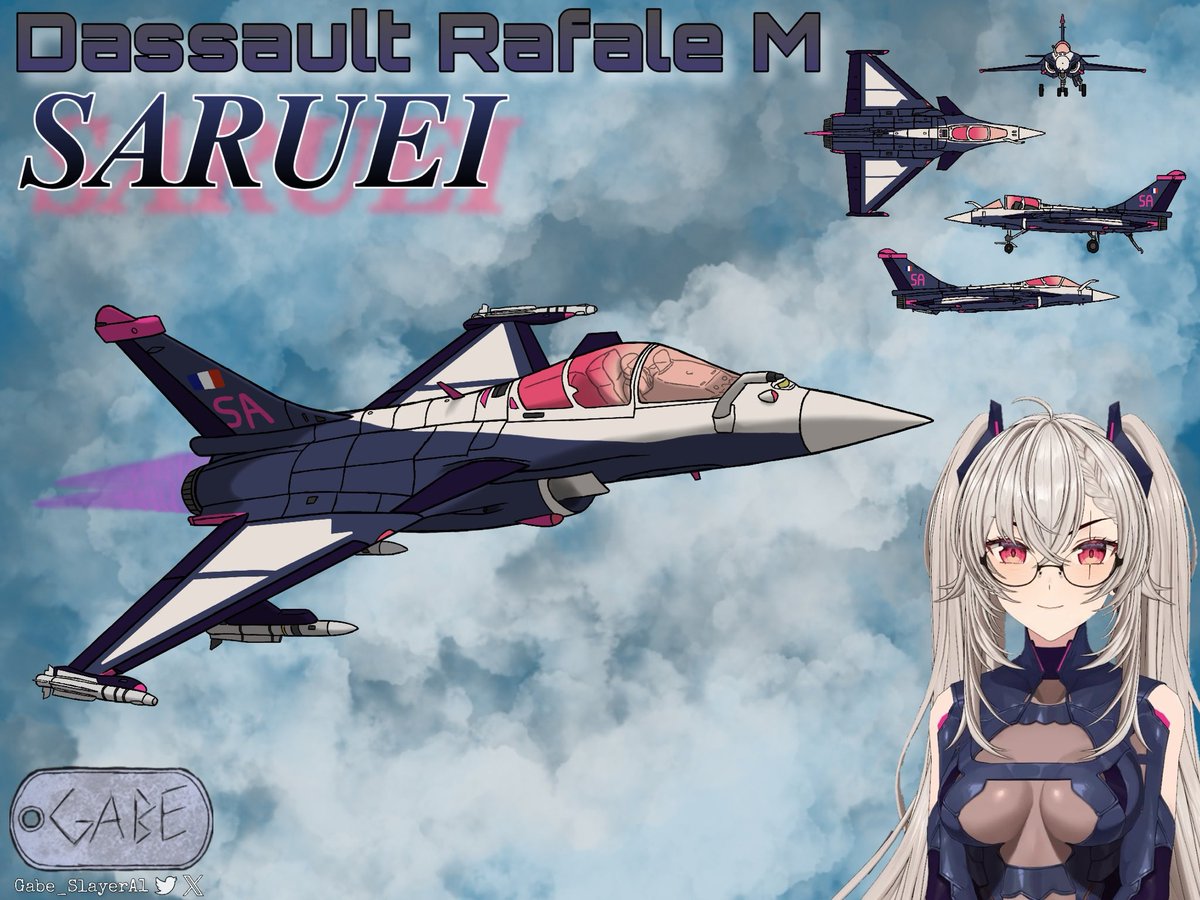 Gabe_SlayerA1's tweet photo. Dassault Rafale M "Saruei."
This is part of a project of mine, in which I turn various Vtubers into jets. We continue with the French baddie, @saruei!
Stay tuned for more Vtubers! I also accept requests!
#VtuberAirForce #VTAF #illustruei https://t.co/zOSyQFiUE2