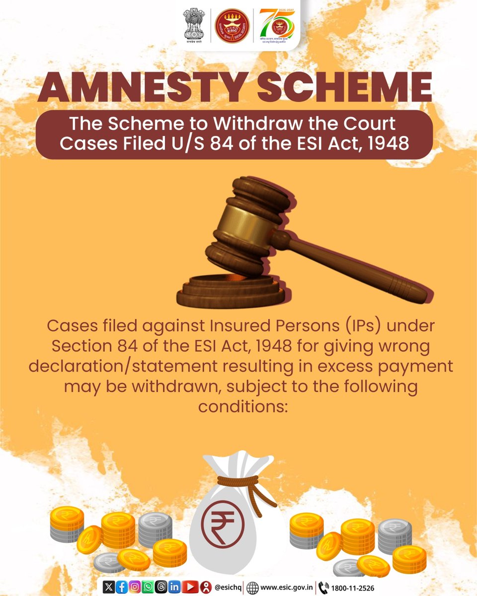 prsrotvm's tweet photo. The Amnesty Scheme 2025 provides a one-time opportunity to withdraw eligible Section 84 cases under the ESI Act, 1948, subject to prescribed conditions.
Apply before 30 September 2026, don't miss this one-time opportunity!
#ESIC #AmnestyScheme #EaseOfCompliance #DisputeResolution https://t.co/4pNihT8471