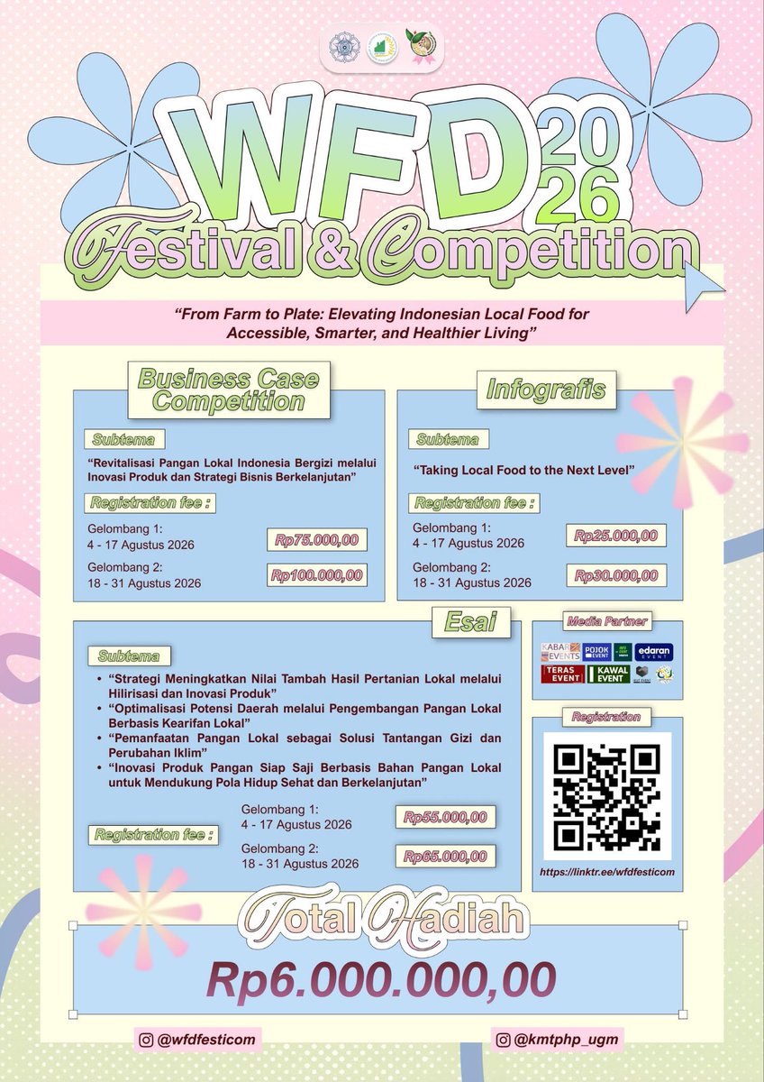 UGM_FESS's tweet photo. 🔥WFD FESTICOM 2026🔥

Kompetisi nasional SMA/sederajat &amp; Mahasiswa S1/sederajat! 
Hadiah Rp6jt + e-certificate nasional. 
Cabang: Business Case, Infografis, dan Esai. 

🔗 Pendaftaran: https://t.co/MxLnWbs7qN
📱 Instagram: @wfdfesticom
#WFDFesticom2026 https://t.co/xRgPf2oHCo