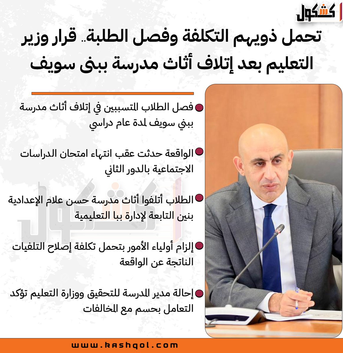 Kashqol2's tweet photo. تحمل ذويهم التكلفة وفصل الطلبة.. قرار وزير التعليم بعد إتلاف أثاث مدرسة ببنى سويف https://t.co/xQVVpERRrc